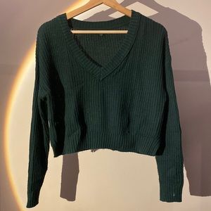 teal cropped v neck sweater
